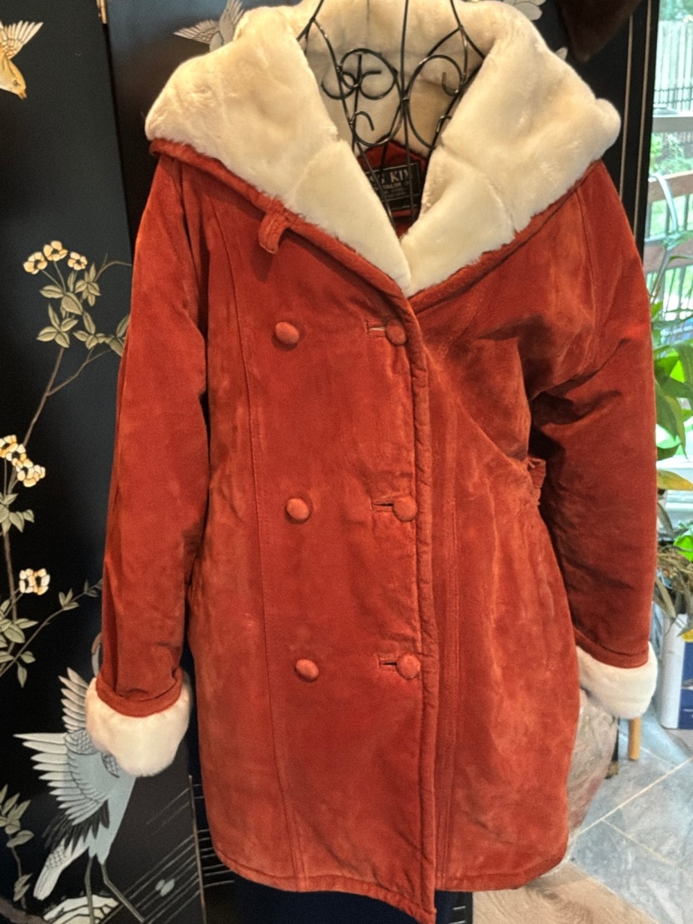 Vintage Boss Kim Custom Suede Penny Lane Shearling Fur Hooded Belted Jacket Rust